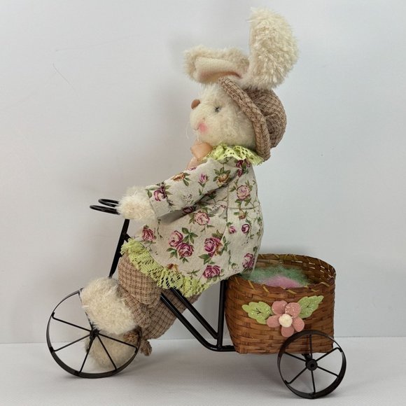 Floral Bunny Plush Doll On Metal Tricycle With Wicker Basket Floral Accents 19" - Picture 1 of 13